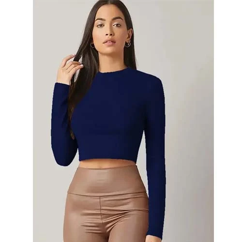 Casual Polyester Blend Round Neck Regular Long Sleeves Navy Blue Stylish Crop To